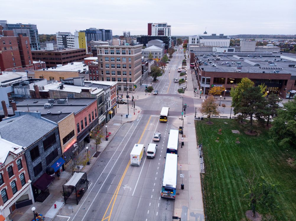 View of Downtown Iowa City from a Drone Downtown Iowa City